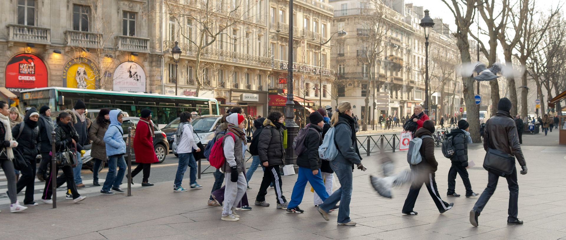 Touristes et pigeons, boulevard Saint-Michel, à Paris.