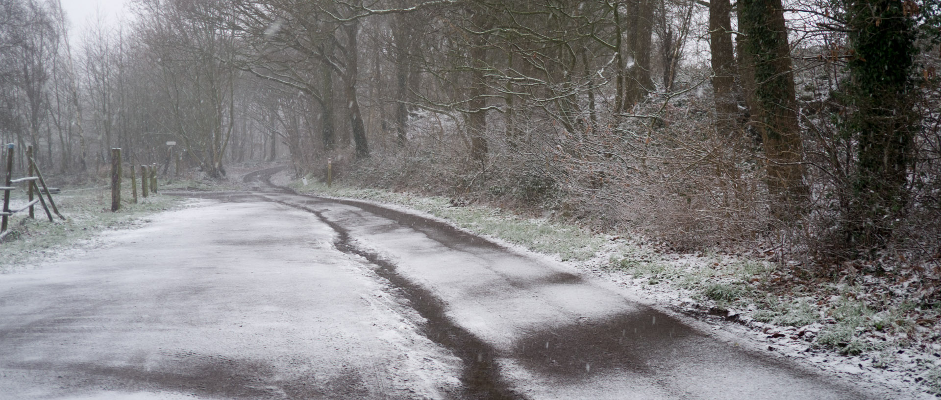 Route du Monteberg sous la neige, en Belgique.