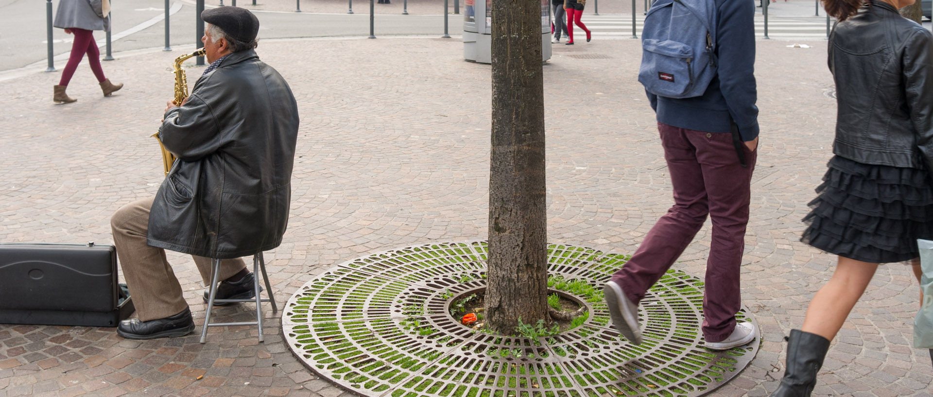 Saxophoniste au pied d'un arbre, place de la Gare, à Lille.